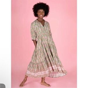 NATURAL LIFE REBECCA DRESS LARGE GREEN PINK boho flowing lightweight casual glam